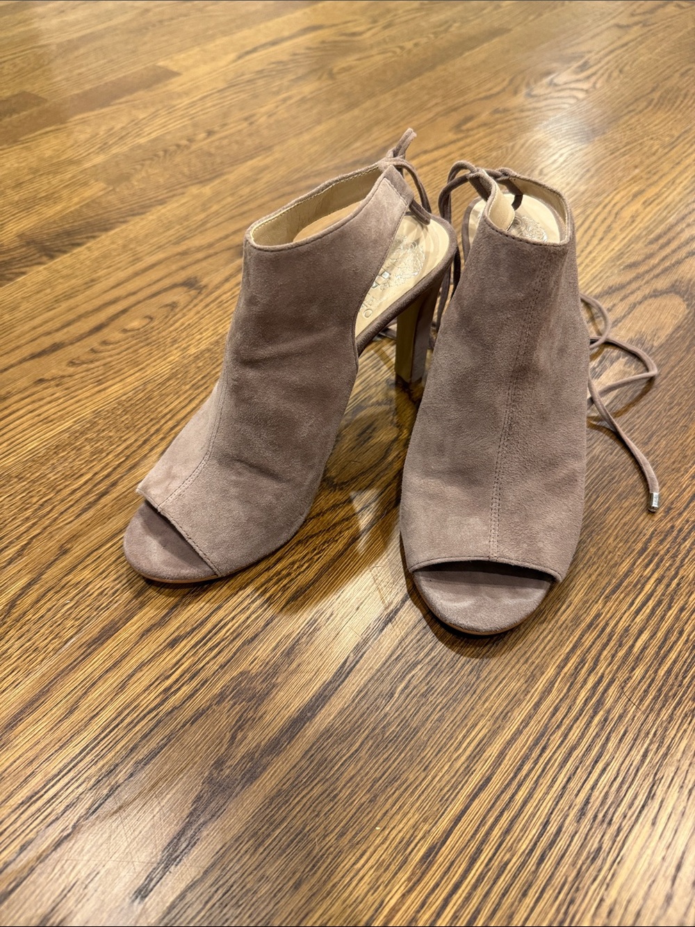 Vince Camuto Suede Open-Toe Lace-Up Heels in Taupe